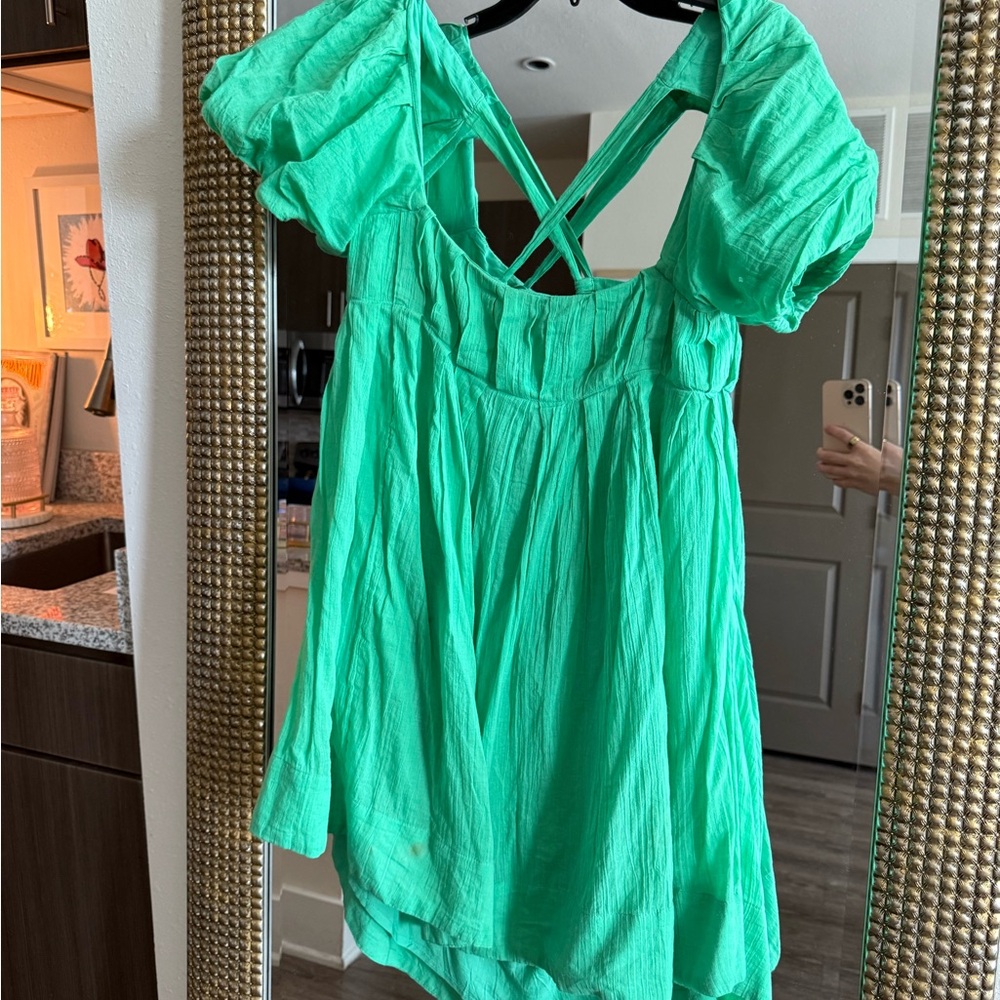 Free People Green Puff Sleeve Backless Blouse